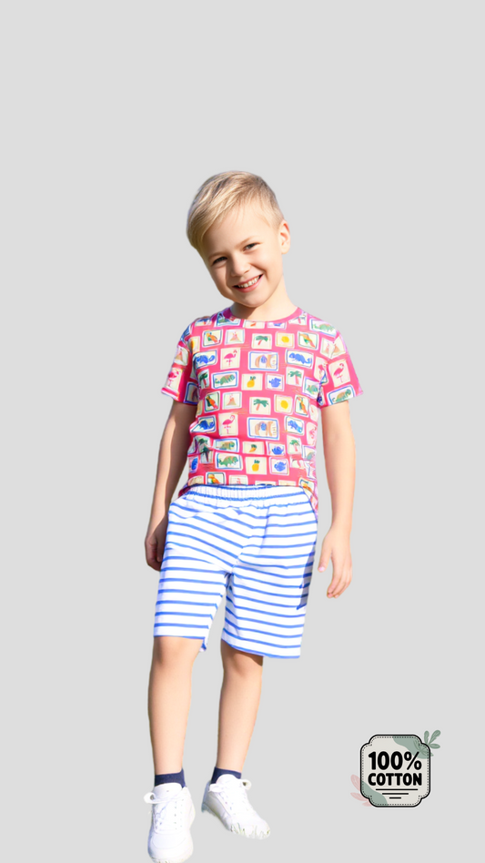 100% Cotton Knit Postcard & Stripes Unisex Playsuit