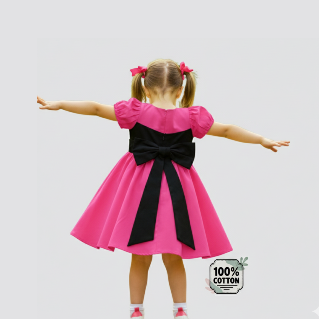 Vibrant Pink Dress with Black Bow Accent
