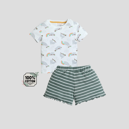 White and Olive Shorts Set