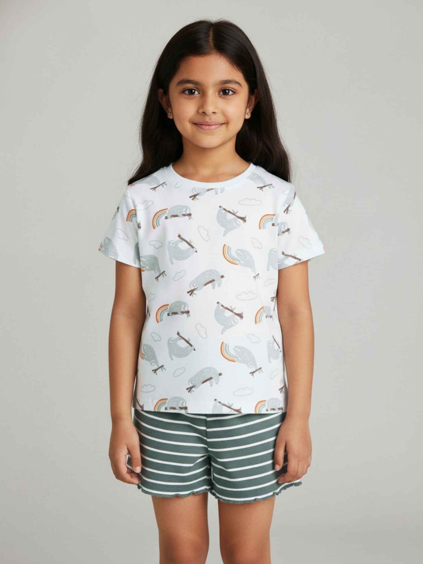 White and Olive Shorts Set