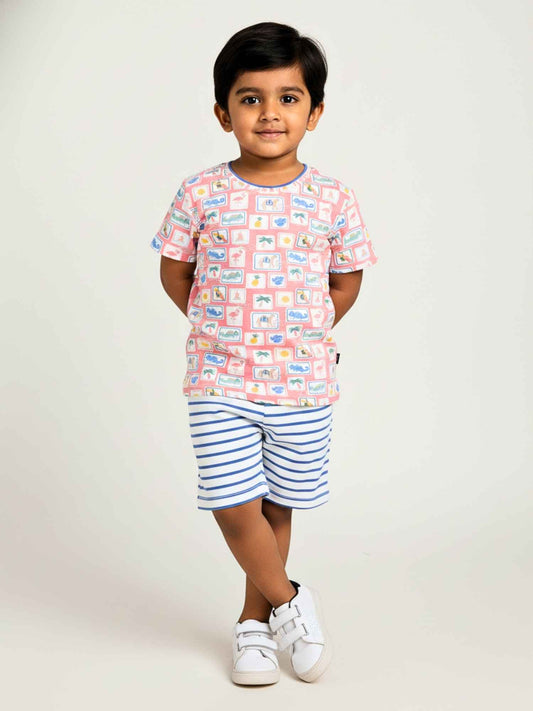 100% Cotton Knit Postcard & Stripes Unisex Playsuit