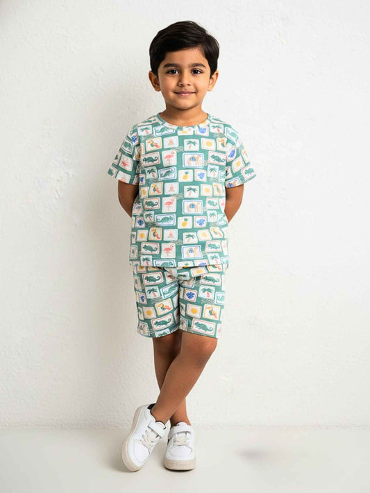 100% Cotton Knit Tropical Postcard Unisex Playsuit