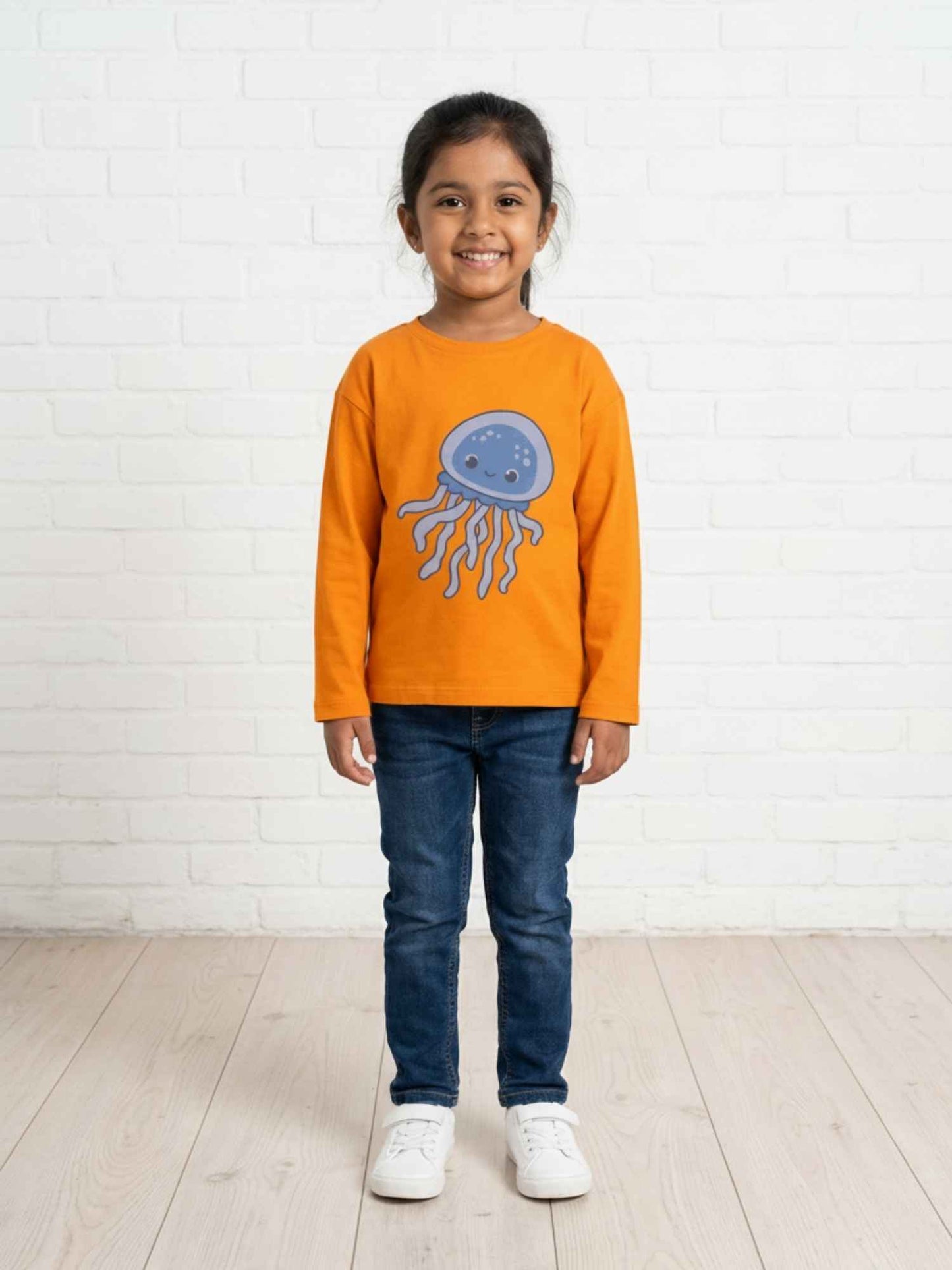 Unisex Cotton Jellyfish Print T-Shirt – Orange -(FLAT 50% OFF)