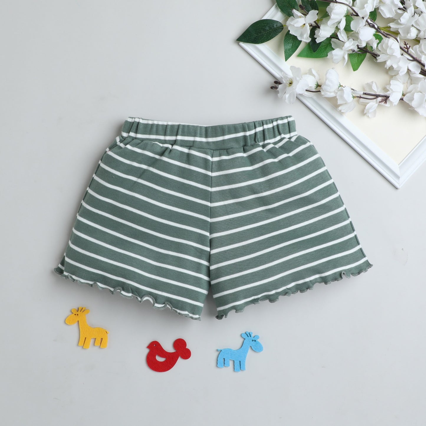 White and Olive Shorts Set